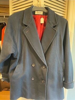 🧥 Vintage Loring Double-Breasted Navy Pea Coat w/ Red Lining - 100% Worumbo Wool